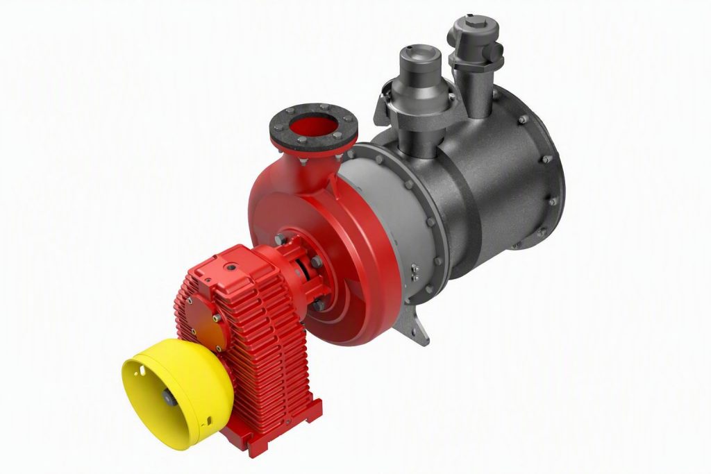 Industrial irrigation pump with red and yellow components for farming.